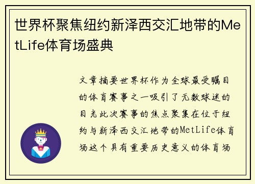 世界杯聚焦纽约新泽西交汇地带的MetLife体育场盛典