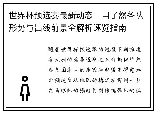 世界杯预选赛最新动态一目了然各队形势与出线前景全解析速览指南
