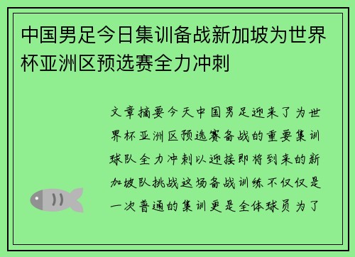 中国男足今日集训备战新加坡为世界杯亚洲区预选赛全力冲刺