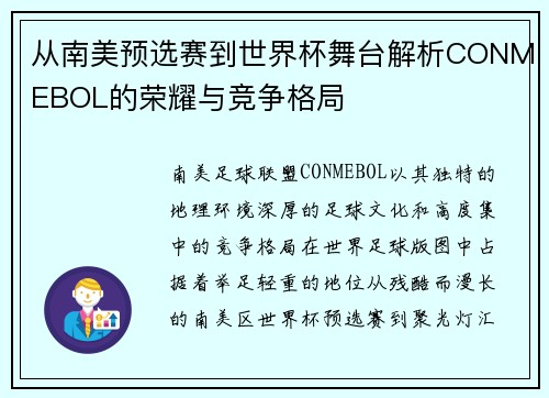 从南美预选赛到世界杯舞台解析CONMEBOL的荣耀与竞争格局